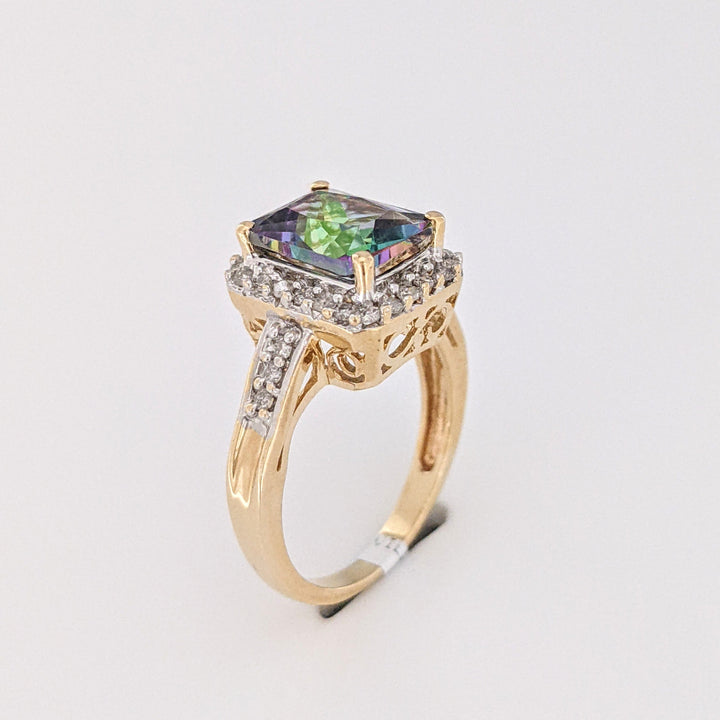 14K MYSTIC TOPAZ EMERALD CUT 7X9 WITH MELEE ESTATE HALO RING 3.8 GRAMS