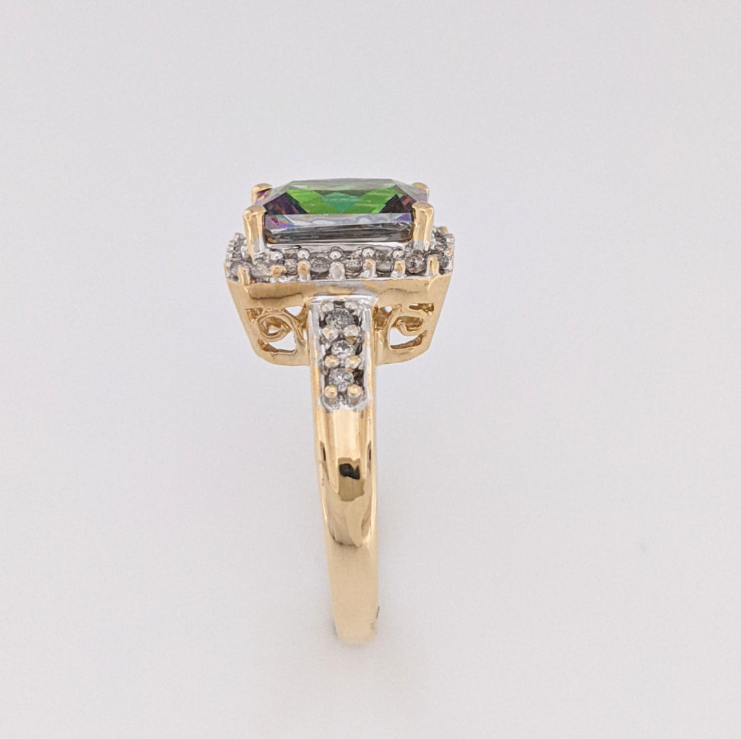 14K MYSTIC TOPAZ EMERALD CUT 7X9 WITH MELEE ESTATE HALO RING 3.8 GRAMS