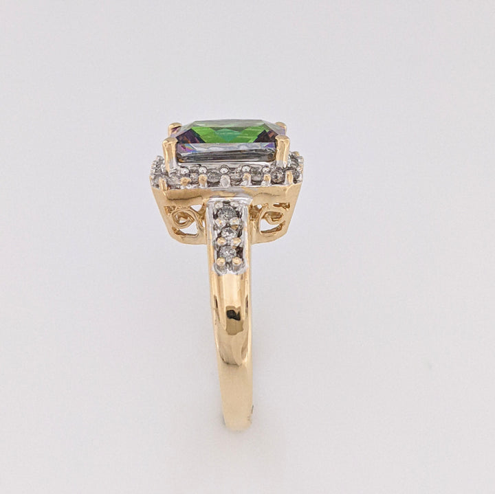 14K MYSTIC TOPAZ EMERALD CUT 7X9 WITH MELEE ESTATE HALO RING 3.8 GRAMS