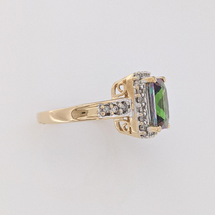14K MYSTIC TOPAZ EMERALD CUT 7X9 WITH MELEE ESTATE HALO RING 3.8 GRAMS