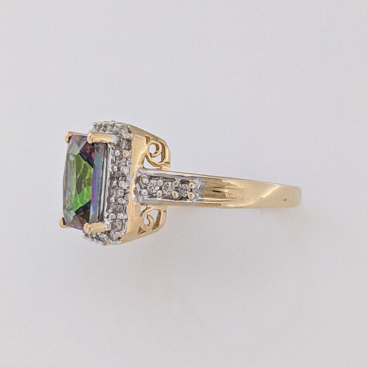 14K MYSTIC TOPAZ EMERALD CUT 7X9 WITH MELEE ESTATE HALO RING 3.8 GRAMS