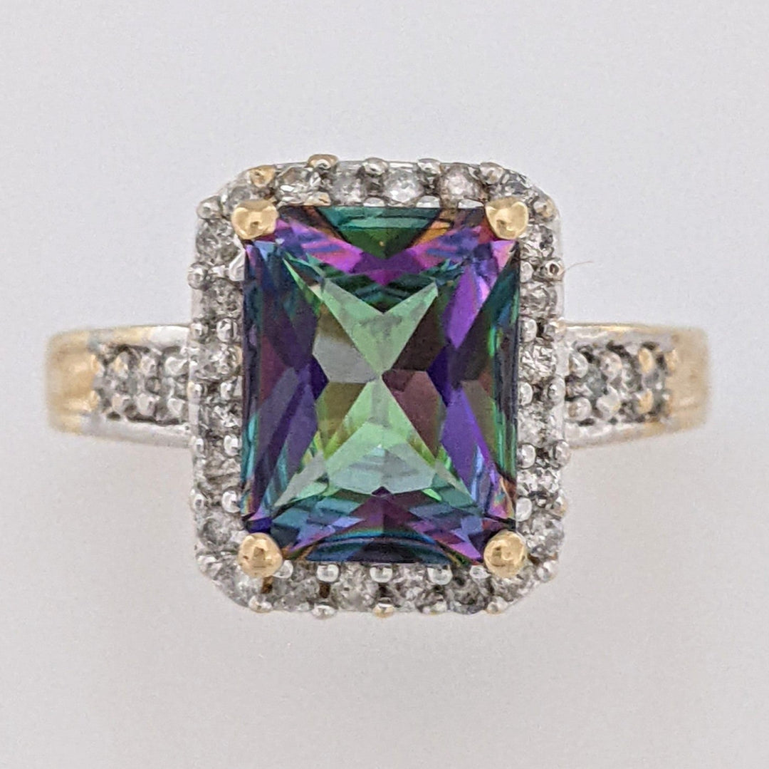 14K MYSTIC TOPAZ EMERALD CUT 7X9 WITH MELEE ESTATE HALO RING 3.8 GRAMS