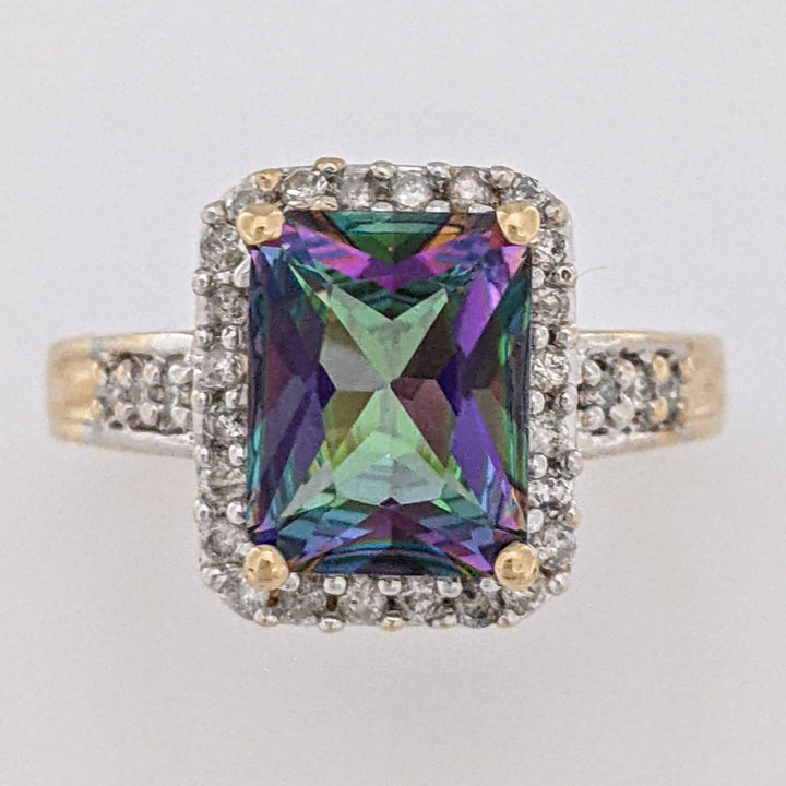 14K MYSTIC TOPAZ EMERALD CUT 7X9 WITH MELEE ESTATE HALO RING 3.8 GRAMS