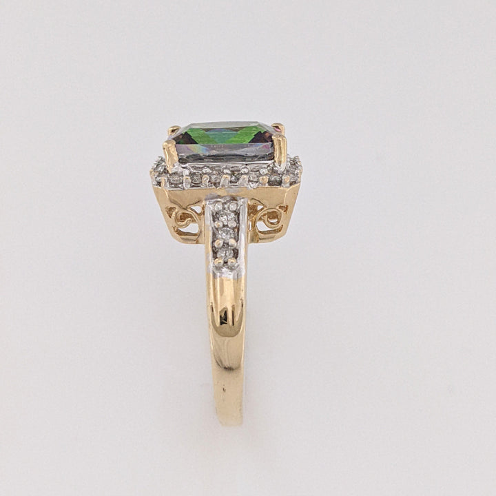 14K MYSTIC TOPAZ EMERALD CUT 7X9 WITH MELEE ESTATE HALO RING 3.8 GRAMS