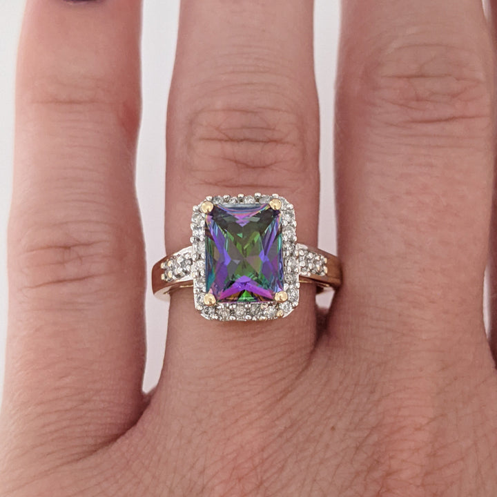 14K MYSTIC TOPAZ EMERALD CUT 7X9 WITH MELEE ESTATE HALO RING 3.8 GRAMS