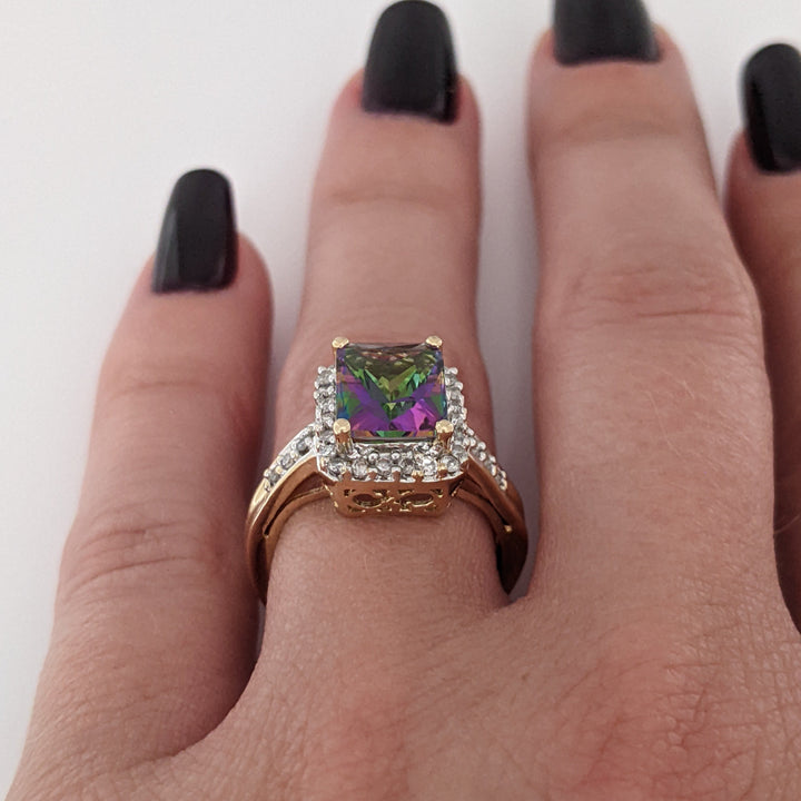 14K MYSTIC TOPAZ EMERALD CUT 7X9 WITH MELEE ESTATE HALO RING 3.8 GRAMS