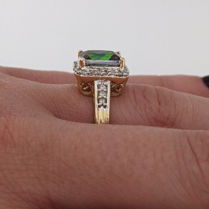 14K MYSTIC TOPAZ EMERALD CUT 7X9 WITH MELEE ESTATE HALO RING 3.8 GRAMS