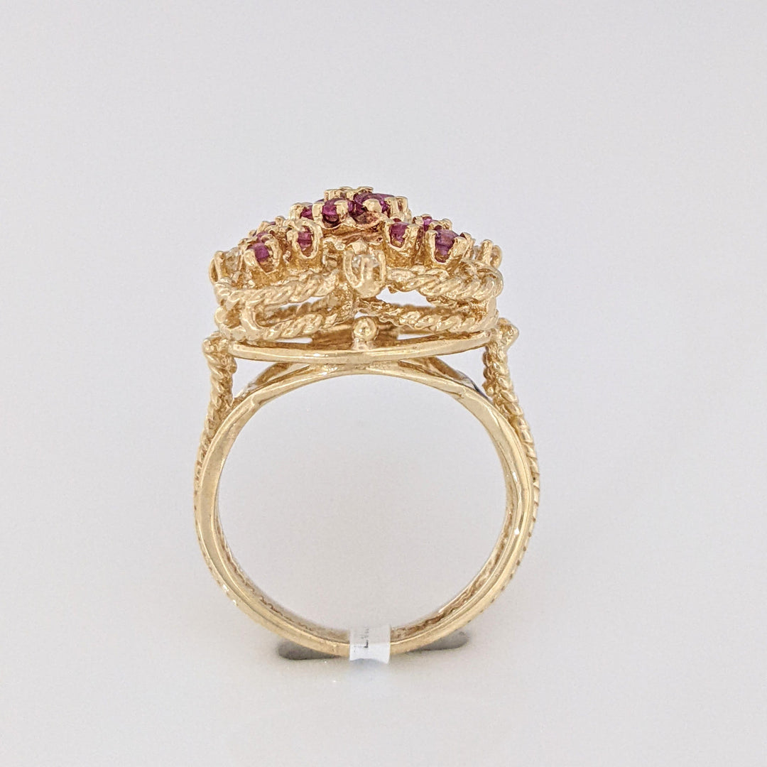 14K RUBY ROUND (18) 2MM WITH (5) MELEE ESTATE CLUSTER RING 7.3 GRAMS