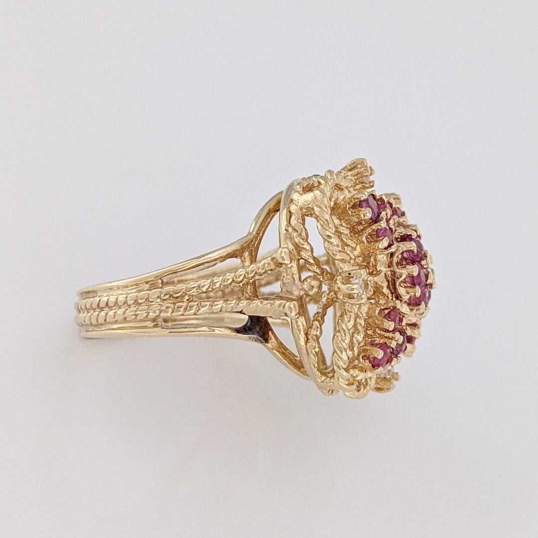 14K RUBY ROUND (18) 2MM WITH (5) MELEE ESTATE CLUSTER RING 7.3 GRAMS