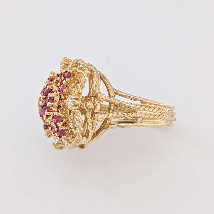 14K RUBY ROUND (18) 2MM WITH (5) MELEE ESTATE CLUSTER RING 7.3 GRAMS