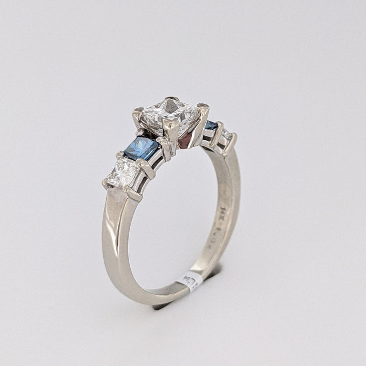 14K WHITE 1.02 CARAT TOTAL I1 H DIAMOND PRINCESS CUT WITH (2) BLUE (2) WHITE ESTATE RING