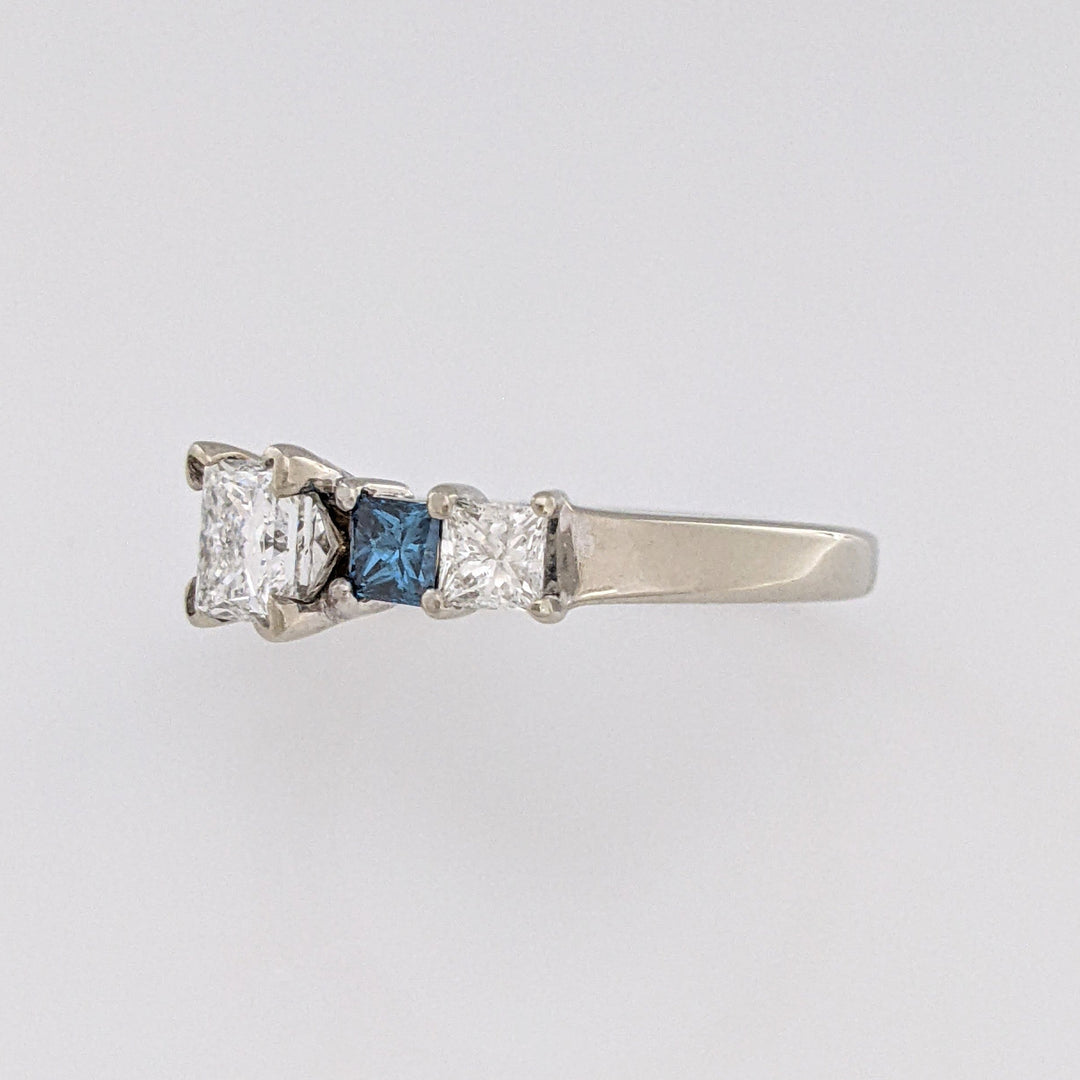 14K WHITE 1.02 CARAT TOTAL I1 H DIAMOND PRINCESS CUT WITH (2) BLUE (2) WHITE ESTATE RING