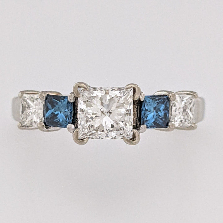 14K WHITE 1.02 CARAT TOTAL I1 H DIAMOND PRINCESS CUT WITH (2) BLUE (2) WHITE ESTATE RING