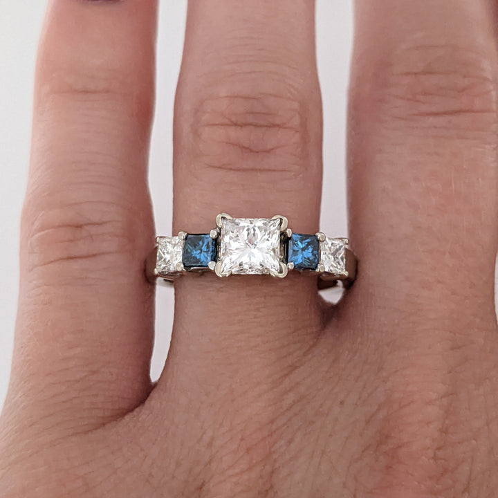 14K WHITE 1.02 CARAT TOTAL I1 H DIAMOND PRINCESS CUT WITH (2) BLUE (2) WHITE ESTATE RING