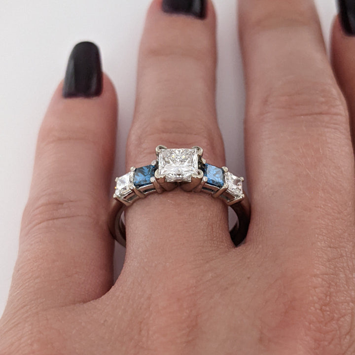 14K WHITE 1.02 CARAT TOTAL I1 H DIAMOND PRINCESS CUT WITH (2) BLUE (2) WHITE ESTATE RING