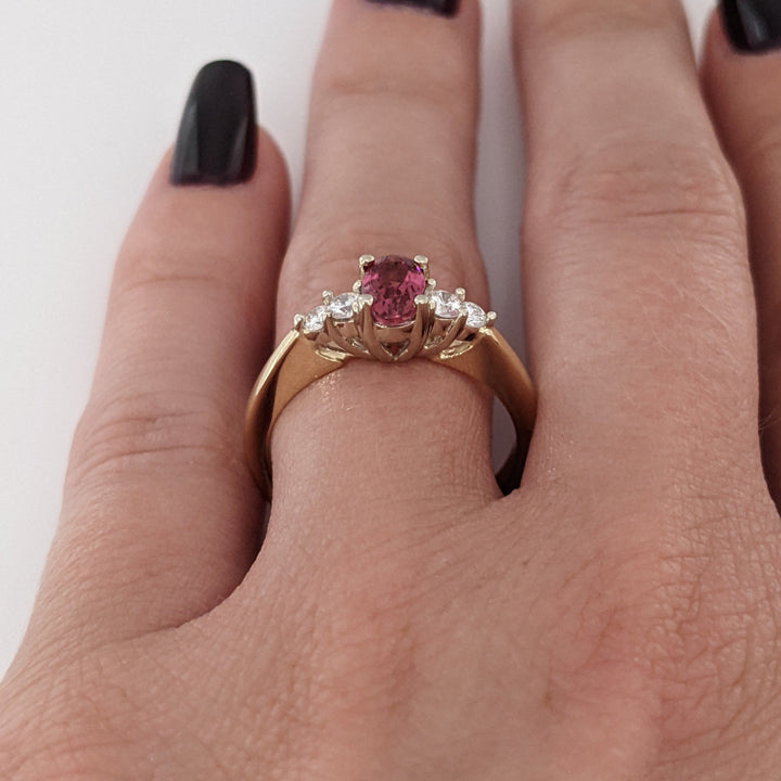 14K PINK TOURMALINE OVAL 4X6 WITH .22 DIAMOND TOTAL WEIGHT ESTATE RING 3.6 GRAMS