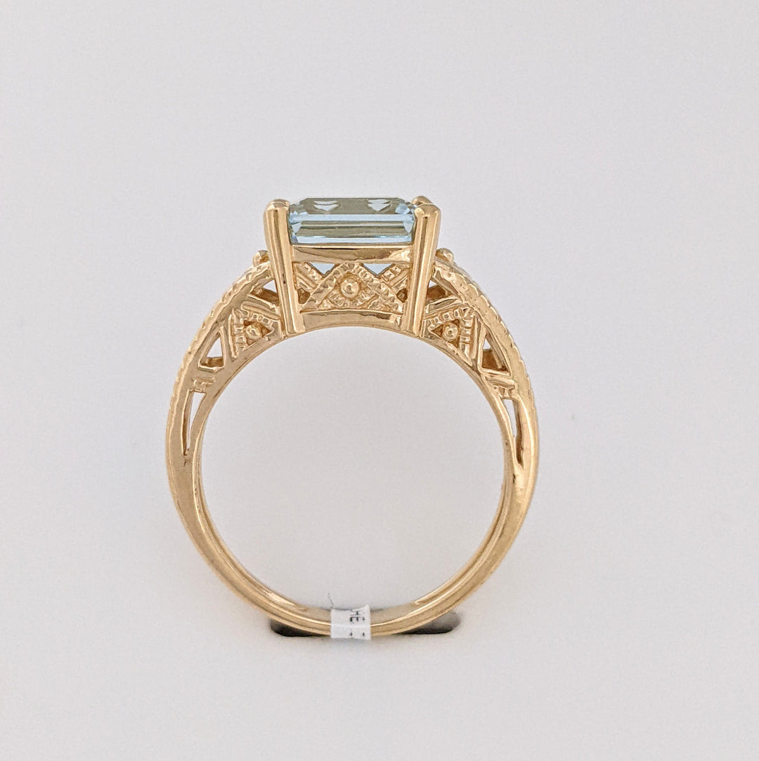 14K AQUAMARINE "AA" EMERALD CUT 7X9 ETCHED MOUNTING ESTATE RING 5.1 GRAMS