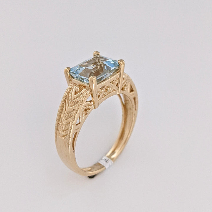 14K AQUAMARINE "AA" EMERALD CUT 7X9 ETCHED MOUNTING ESTATE RING 5.1 GRAMS