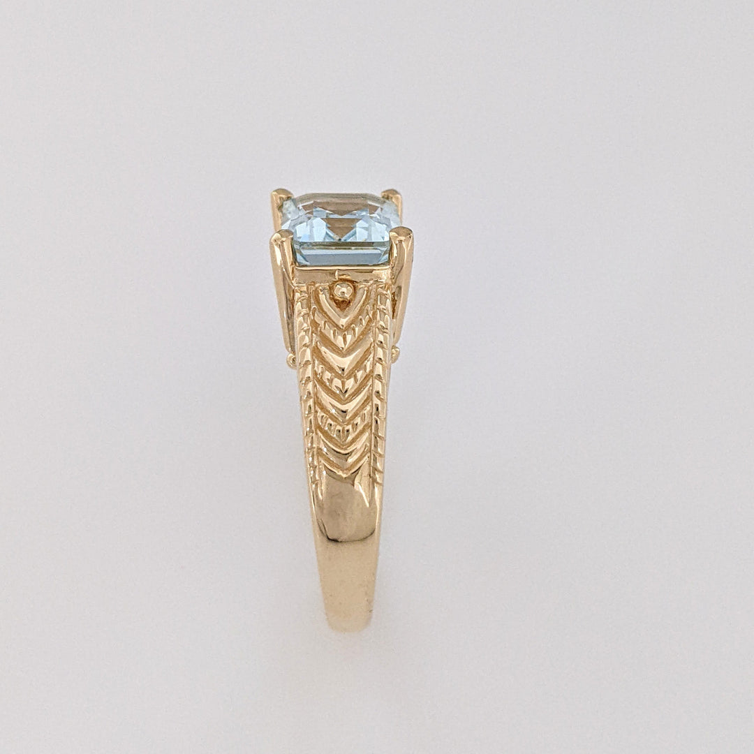 14K AQUAMARINE "AA" EMERALD CUT 7X9 ETCHED MOUNTING ESTATE RING 5.1 GRAMS