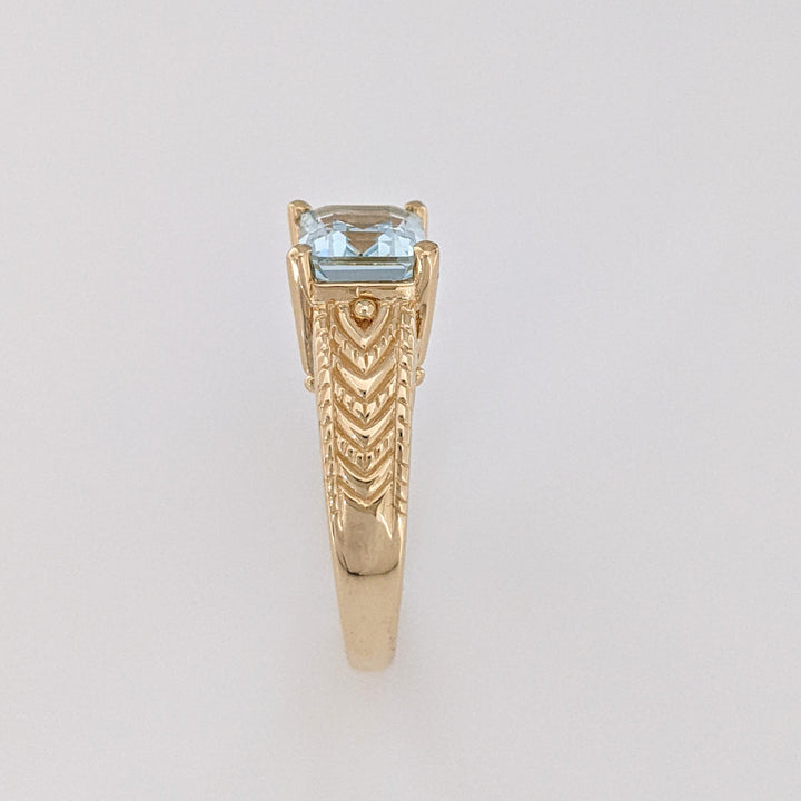 14K AQUAMARINE "AA" EMERALD CUT 7X9 ETCHED MOUNTING ESTATE RING 5.1 GRAMS