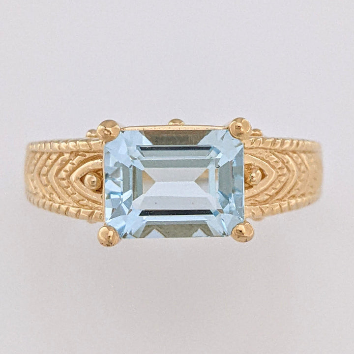 14K AQUAMARINE "AA" EMERALD CUT 7X9 ETCHED MOUNTING ESTATE RING 5.1 GRAMS