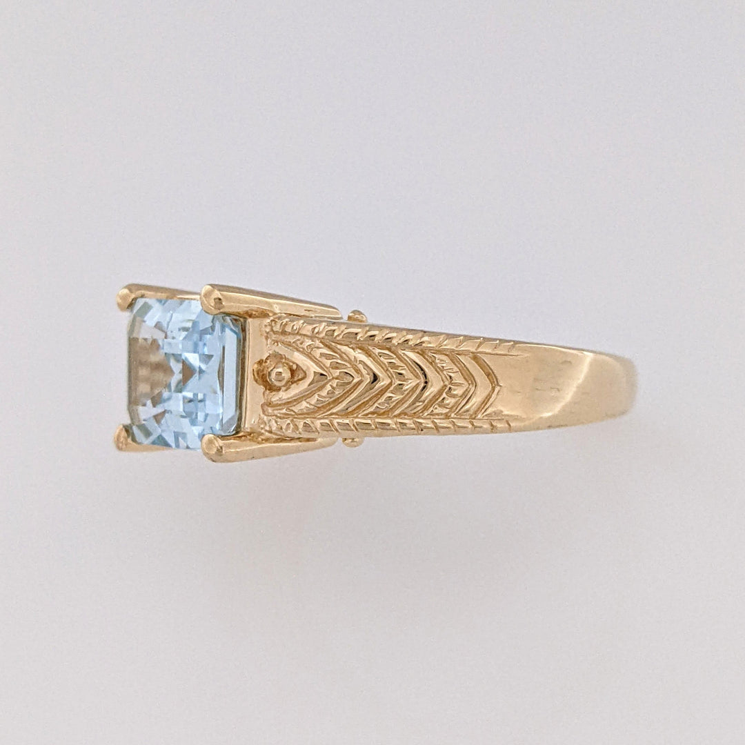 14K AQUAMARINE "AA" EMERALD CUT 7X9 ETCHED MOUNTING ESTATE RING 5.1 GRAMS