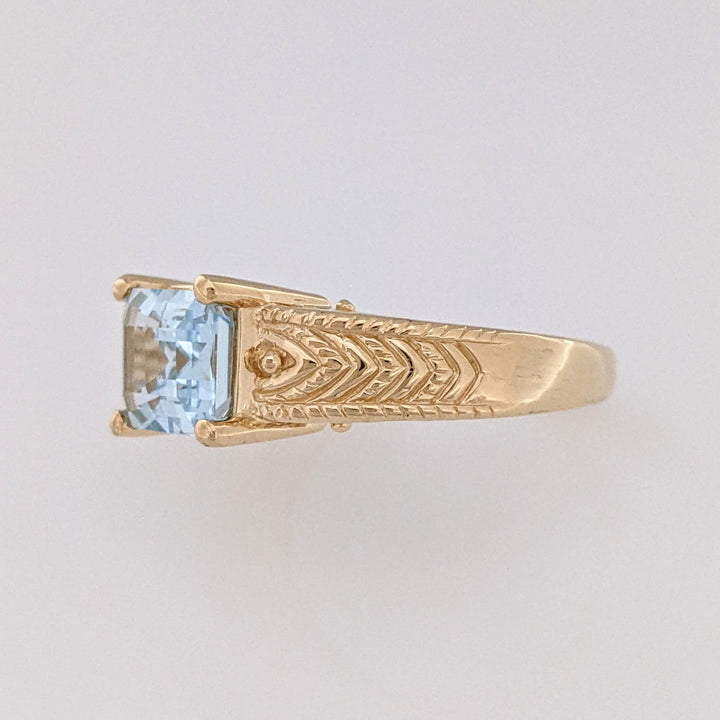 14K AQUAMARINE "AA" EMERALD CUT 7X9 ETCHED MOUNTING ESTATE RING 5.1 GRAMS