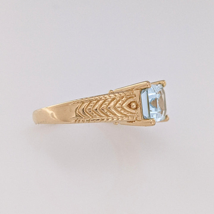 14K AQUAMARINE "AA" EMERALD CUT 7X9 ETCHED MOUNTING ESTATE RING 5.1 GRAMS