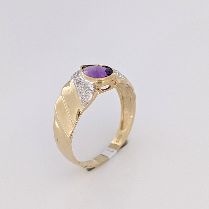 14K AMETHYST PEAR 5X7 BEZEL WITH MELEE ESTATE RING 2.8 GRAMS