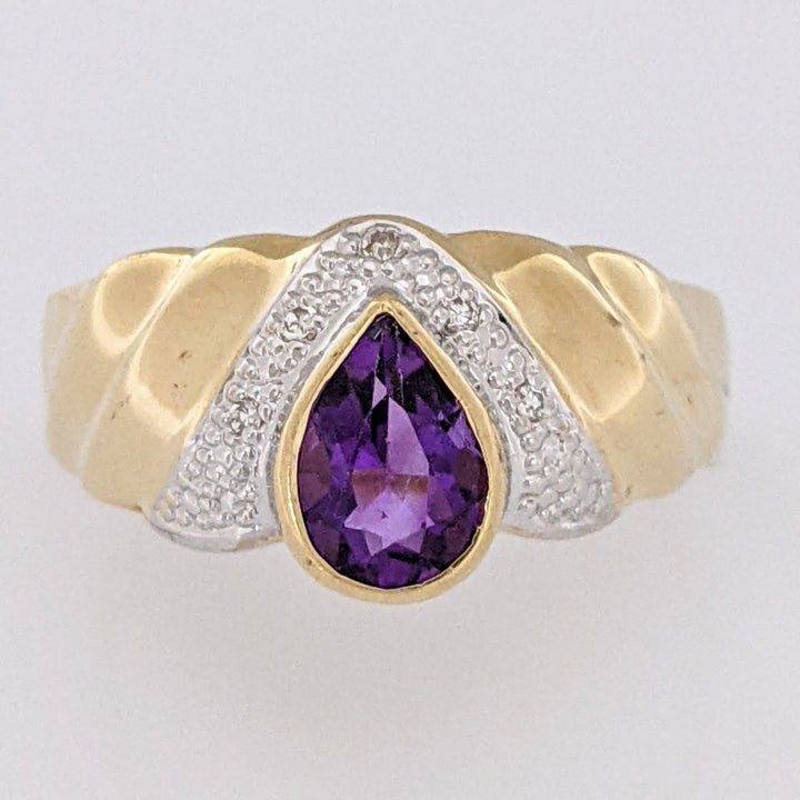 14K AMETHYST PEAR 5X7 BEZEL WITH MELEE ESTATE RING 2.8 GRAMS