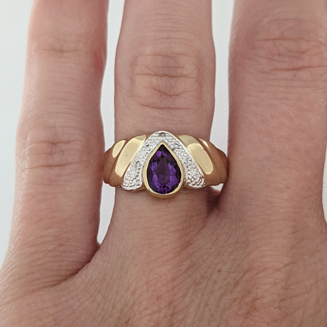 14K AMETHYST PEAR 5X7 BEZEL WITH MELEE ESTATE RING 2.8 GRAMS