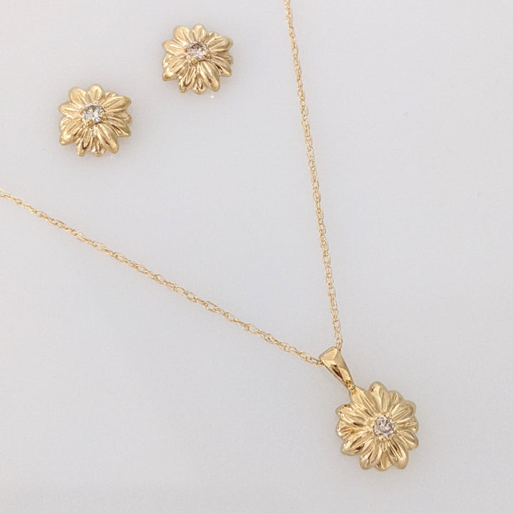 14K DIAMOND ROUND (3) ESTATE FLOWER EARRING/ PENDANT & CHAIN ESTATE SET 3.5 GRAMS
