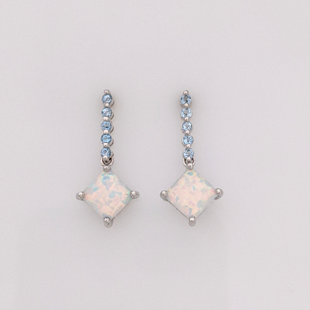 10K WHITE OPAL PRINCESS CUT 6.5MM (3) WITH BLUE TOPAZ ROUND (15) ESTATE RING & EARRING SET 4.3 GRAMS