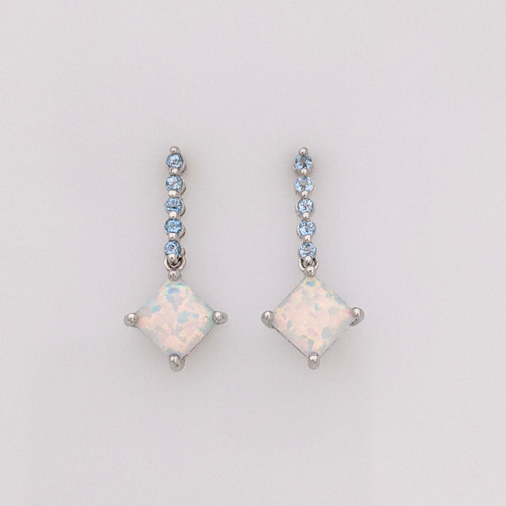 10K WHITE OPAL PRINCESS CUT 6.5MM (3) WITH BLUE TOPAZ ROUND (15) ESTATE RING & EARRING SET 4.3 GRAMS