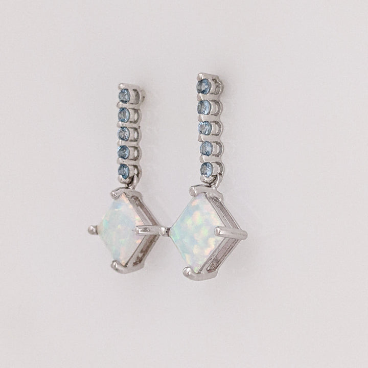 10K WHITE OPAL PRINCESS CUT 6.5MM (3) WITH BLUE TOPAZ ROUND (15) ESTATE RING & EARRING SET 4.3 GRAMS