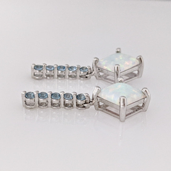 10K WHITE OPAL PRINCESS CUT 6.5MM (3) WITH BLUE TOPAZ ROUND (15) ESTATE RING & EARRING SET 4.3 GRAMS