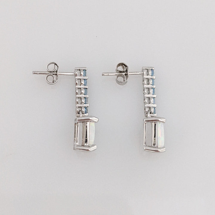 10K WHITE OPAL PRINCESS CUT 6.5MM (3) WITH BLUE TOPAZ ROUND (15) ESTATE RING & EARRING SET 4.3 GRAMS