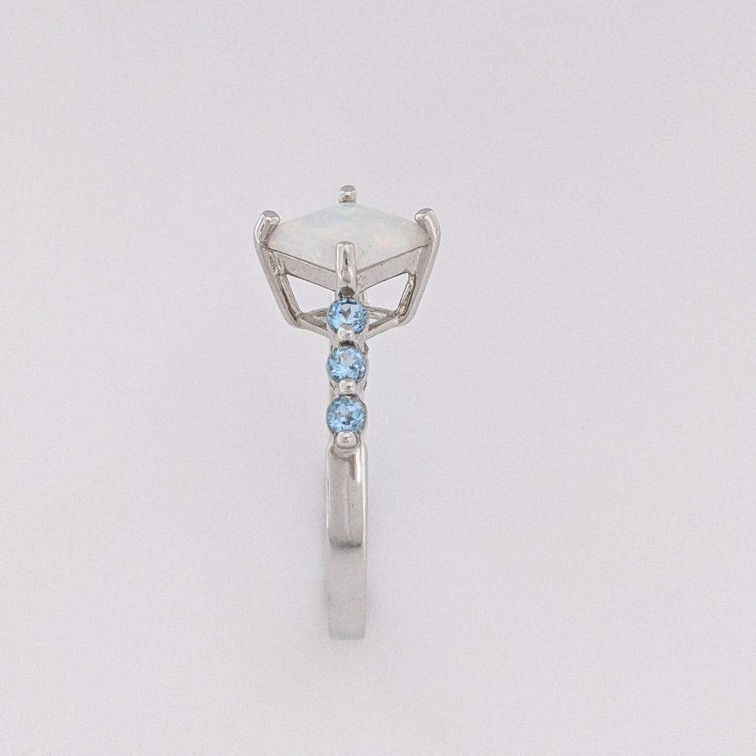 10K WHITE OPAL PRINCESS CUT 6.5MM (3) WITH BLUE TOPAZ ROUND (15) ESTATE RING & EARRING SET 4.3 GRAMS