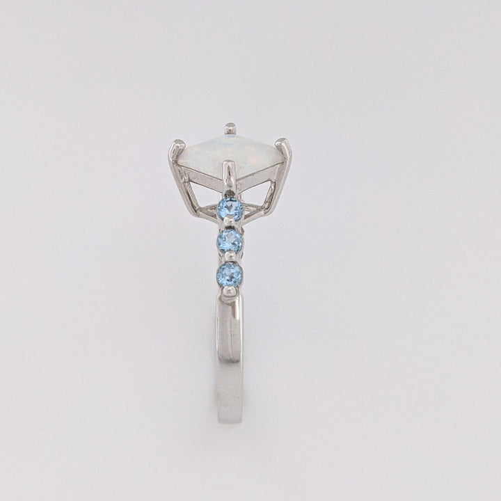 10K WHITE OPAL PRINCESS CUT 6.5MM (3) WITH BLUE TOPAZ ROUND (15) ESTATE RING & EARRING SET 4.3 GRAMS