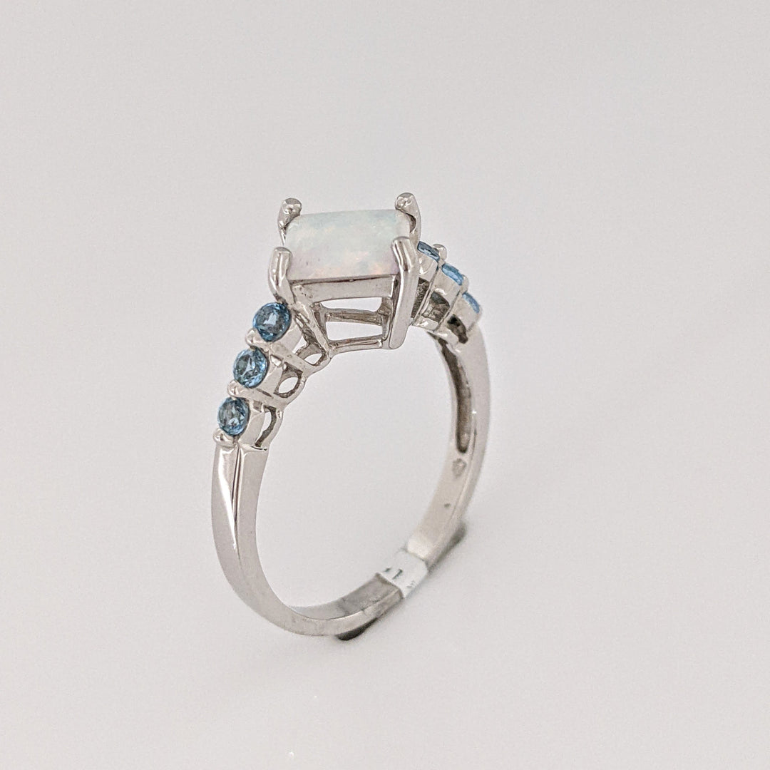 10K WHITE OPAL PRINCESS CUT 6.5MM (3) WITH BLUE TOPAZ ROUND (15) ESTATE RING & EARRING SET 4.3 GRAMS
