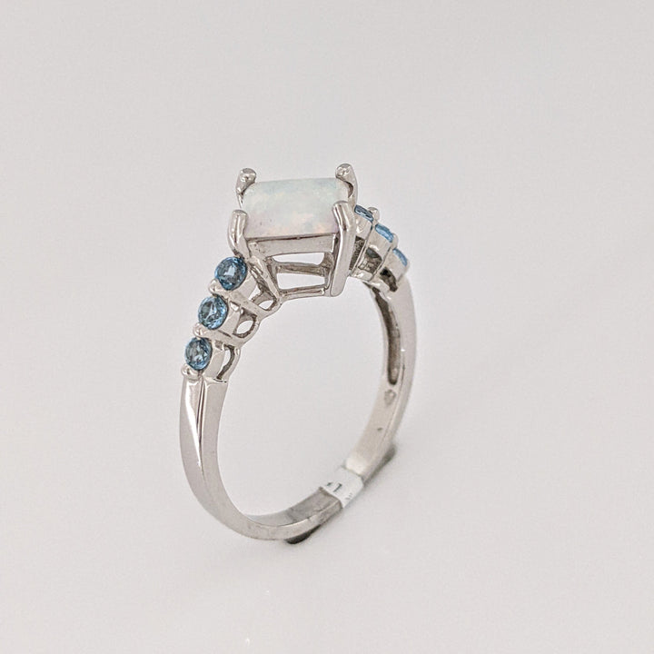 10K WHITE OPAL PRINCESS CUT 6.5MM (3) WITH BLUE TOPAZ ROUND (15) ESTATE RING & EARRING SET 4.3 GRAMS