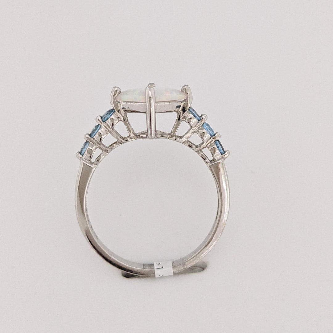 10K WHITE OPAL PRINCESS CUT 6.5MM (3) WITH BLUE TOPAZ ROUND (15) ESTATE RING & EARRING SET 4.3 GRAMS