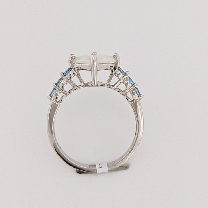 10K WHITE OPAL PRINCESS CUT 6.5MM (3) WITH BLUE TOPAZ ROUND (15) ESTATE RING & EARRING SET 4.3 GRAMS