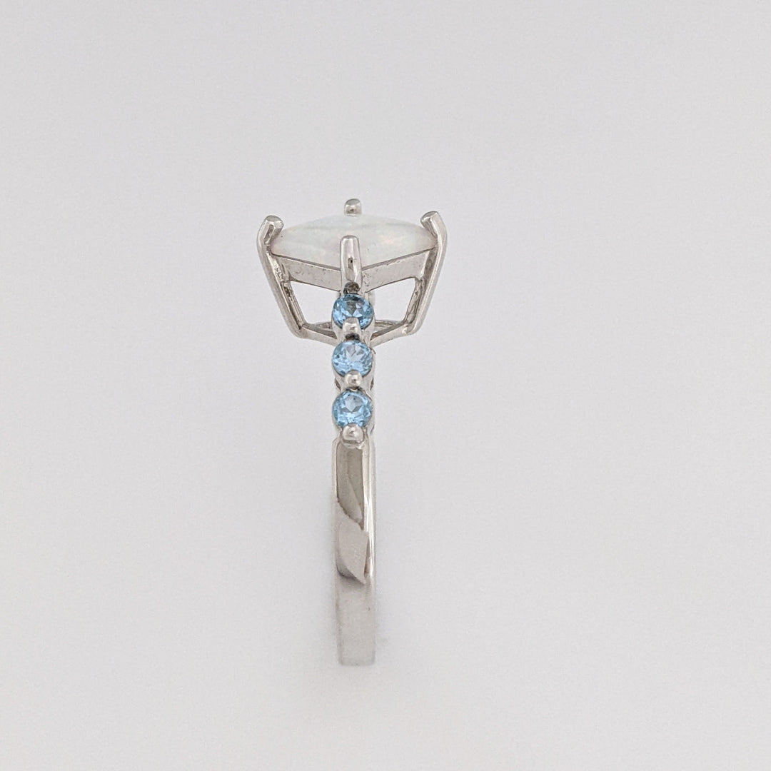 10K WHITE OPAL PRINCESS CUT 6.5MM (3) WITH BLUE TOPAZ ROUND (15) ESTATE RING & EARRING SET 4.3 GRAMS