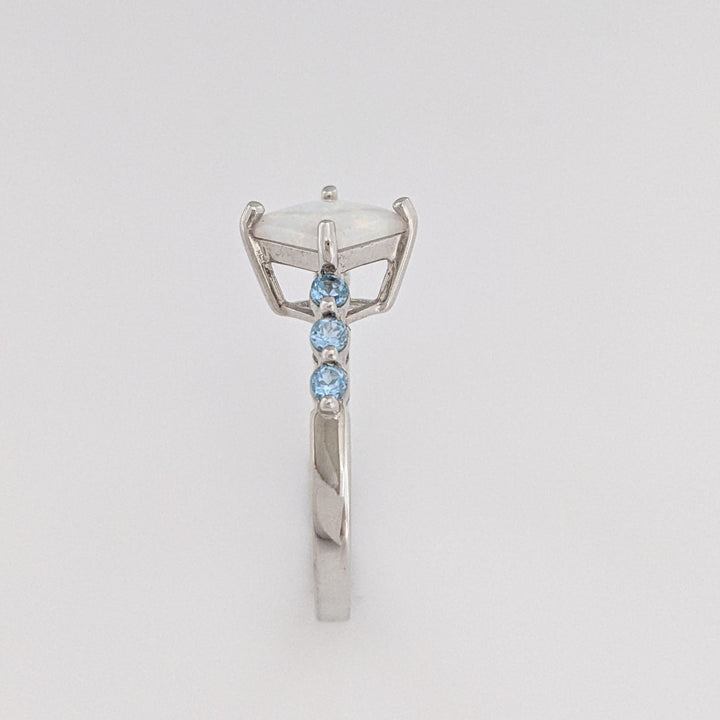10K WHITE OPAL PRINCESS CUT 6.5MM (3) WITH BLUE TOPAZ ROUND (15) ESTATE RING & EARRING SET 4.3 GRAMS