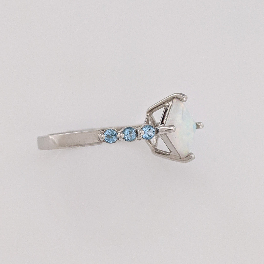 10K WHITE OPAL PRINCESS CUT 6.5MM (3) WITH BLUE TOPAZ ROUND (15) ESTATE RING & EARRING SET 4.3 GRAMS