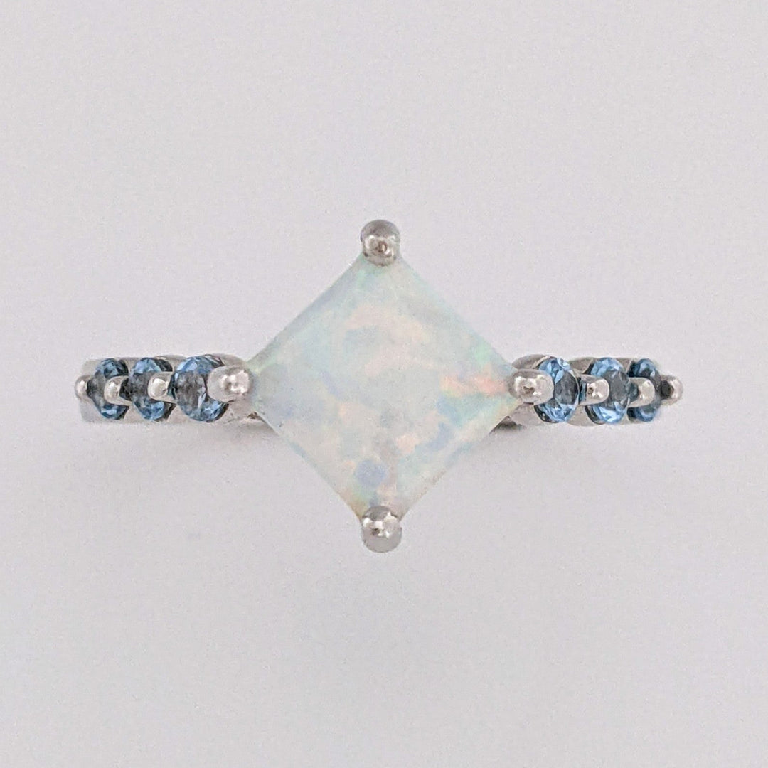10K WHITE OPAL PRINCESS CUT 6.5MM (3) WITH BLUE TOPAZ ROUND (15) ESTATE RING & EARRING SET 4.3 GRAMS