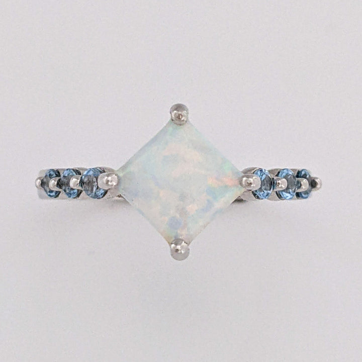 10K WHITE OPAL PRINCESS CUT 6.5MM (3) WITH BLUE TOPAZ ROUND (15) ESTATE RING & EARRING SET 4.3 GRAMS