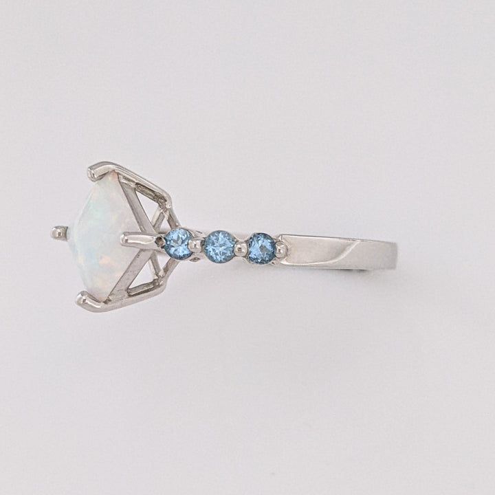 10K WHITE OPAL PRINCESS CUT 6.5MM (3) WITH BLUE TOPAZ ROUND (15) ESTATE RING & EARRING SET 4.3 GRAMS