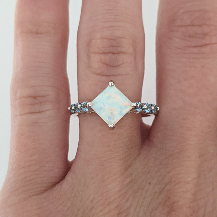 10K WHITE OPAL PRINCESS CUT 6.5MM (3) WITH BLUE TOPAZ ROUND (15) ESTATE RING & EARRING SET 4.3 GRAMS